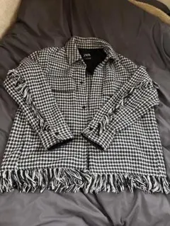 ZARA チェック柄フリンジジャケット 黒白 S 上品 キレイめコーデ 入学式