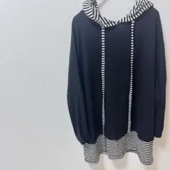 美品✨ストライプ　【フリー】　フード付き　ブラック　長袖トップス　春服　秋服
