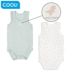 やわらかメッシュ　袖なし　ロンパース　２枚組　かぶり　恐竜　グリーン