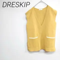 DRESKIP イエロー Vネックニットベスト　 F 伸縮性　ポケット　秋冬