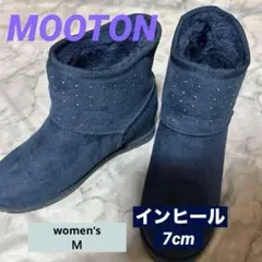 美品ネイビースパンコール付きムートンブーツインヒール7cm Msize23cm