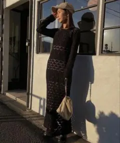 CROCHET RAGLAN LONG DRESS ブラック Mサイズ