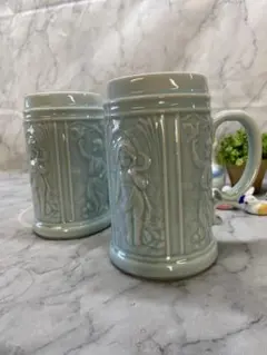 Cx006 水色 陶器 ジョッキ 2個セット 浮彫り