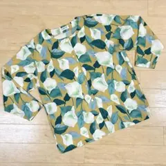 最安【長袖シャツ】レトロシャツ 花柄 カラー柄 黄土色 オーカー グリーン古着