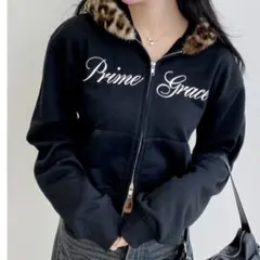 INGNI ジップパーカー M ブラック レオパードファー フード 刺繍ロゴ