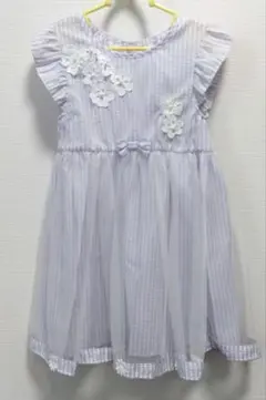 【新品・未使用】120サイズ　ワンピース　薄紫✕白ストライプ　フリル袖　花刺繍