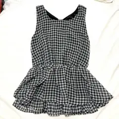 レディース　ノースリーブ　ギンガムチェック　白黒　リボン　チュール
