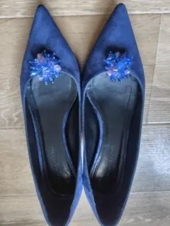 FABIO RUSCONI ネイビー ポインテッドトゥパンプス　シューズクリップ