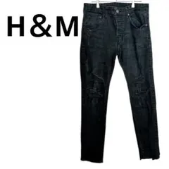 H&M 【34/32】スキニーデニム ブラック ダメージ加工