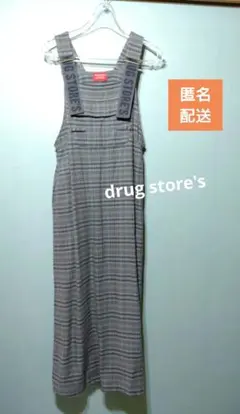 ★493 レディース服drug store'sチェック柄サロペット?ワンピース