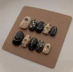 【サイズオーダー制】 ネイルチップセット　ブラック　黒　花柄