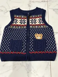 【美品】ミキハウス　ネイビー ニット ジップ付きベビーベスト クマ刺繍　90cm