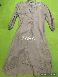 ZARA ベージュ リネン 七分丈シャツワンピース