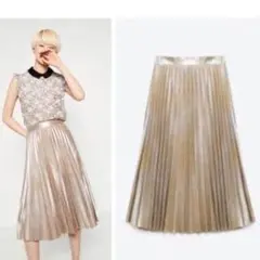 zara　woman　XS　プリーツスカートロング　ベージュ泊メタリックゴールド