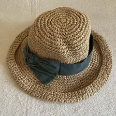 麦わら帽子　ベージュ　リボン付き　ハット　紫外線対策　ストローハット　美品