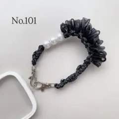 スマホストラップ　ハンドストラップ　黒リボン　パラコード　パール　ハンドメイド