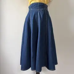 ビンテージ 80s マカオ製 デニムスカート フレア ミモレ オシャレ レトロのサムネイル