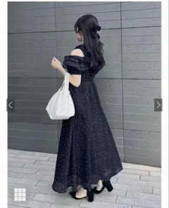 GRL ドット柄フリルオフショルダーフレアロングワンピース[ru1165] 黒