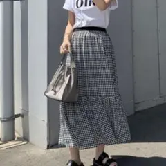 美品✨カプリシューレマージュ ギンガムチェック 裾ギャザー ロングスカート Fのサムネイル