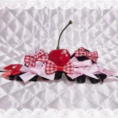 ぬい服 ヘッドドレス 10〜11cm 猫耳 チェリー 黒×赤×ピンク【N26】