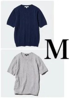 UNIQLO ケーブルクルーネックセーター 半袖 ネイビー・グレー M