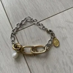 ハンドメイド　ゴールドシルバーチェーンブレスレット　パール
