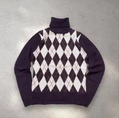 レディースニットセーター 90s タートル アーガイル 紫 M レトロ