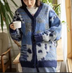 ニコアンド レオパードフラワーMIXカーディガン ブルー 新品