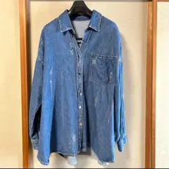 リボン様専用ページ　デニムブルー ダメージ加工シャツ Fサイズ