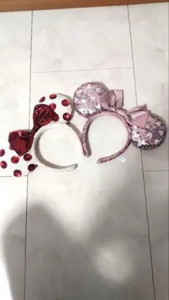 ミニーマウス、スパンコールカチューシャ2点セット