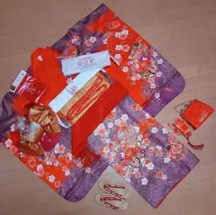 J04☆USED品☆7歳 七五三 オレンジ 着物セット