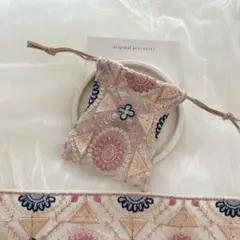 ピンクブルー　インド刺繍リボン　巾着　ポーチ　ハンドメイド