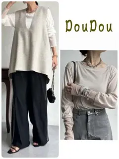 DouDou ドゥドゥクルーネック Tシャツ 袖シアー切替リブTEE ベージュのサムネイル