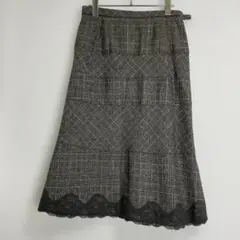 チェック柄 ロング フレアスカート レース裾 レディース グレー