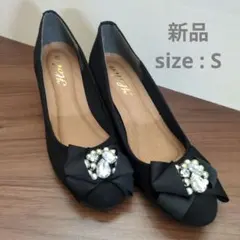 【新品】ビジュー付きリボン ブラック パンプス Sサイズ 太ヒール フォーマル