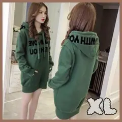 ロングパーカー ミニ ワンピース XL グリーン 緑 フード付き トレーナー