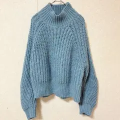 H&M セーター ハイネック 長袖 無地 M 青 ウール カジュアル 上品