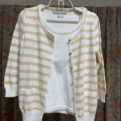 レディース アンサンブル カーディガン 長袖 Tシャツ 半袖 パール Lサイズ