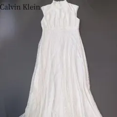 【カルバンクライン】ロングワンピース　フレア　ノースリーブ　刺繍レース　ホワイト