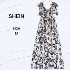 美品☆ SHEIN 花柄 ショルダーリボン キャミワンピース M ロング丈 白