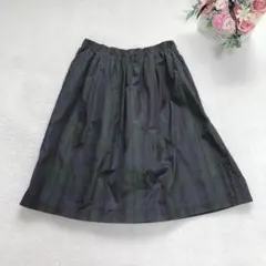 ナチュラルビューティーベーシック ひざ丈チェック柄スカート フレア シンプル 緑