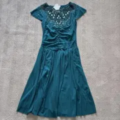 極美品【タグ付】ビビアンタム　半袖ドレス 1 ターコイズ ビジュー刺繍　Aライン