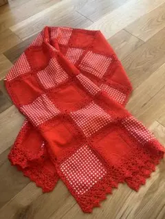 和装　着物　襟巻き　赤いチェック柄レース編みショール