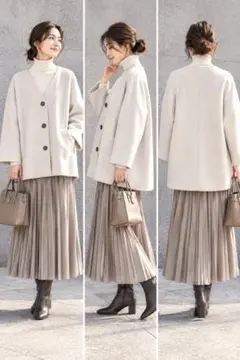 美品 ノーカラーコート アイボリー M ミドル丈 ゆったり Vネック 上品 秋冬