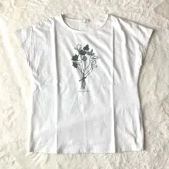 コムサマチュア　花柄プリントラインストーン付フレンチスリーブトップス　Ｌ　白　綿