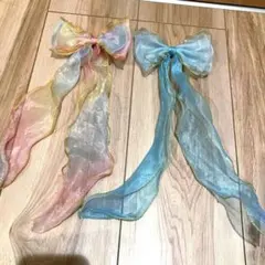 ヘアクリップ　リボン　レインボー　スカイブルー　水色　2つセット