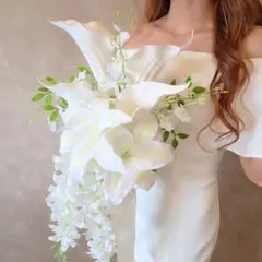 ブーケ　ウェディング　白　アーティフィシャルフラワー　結婚式　造花　ユリ