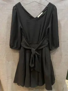 ★Dazzlin 黒 ミニ丈 ワンピース リボン フレア 裏地オーガンジー付き