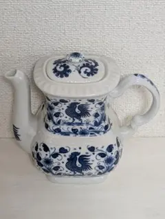 オランダ　ヴィンテージ陶器　ティーポット　雄鶏と草花柄　デルフト風　未使用美品