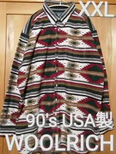 90s USA製 Woolrich XXL プリント ネルシャツ ネイティブ柄